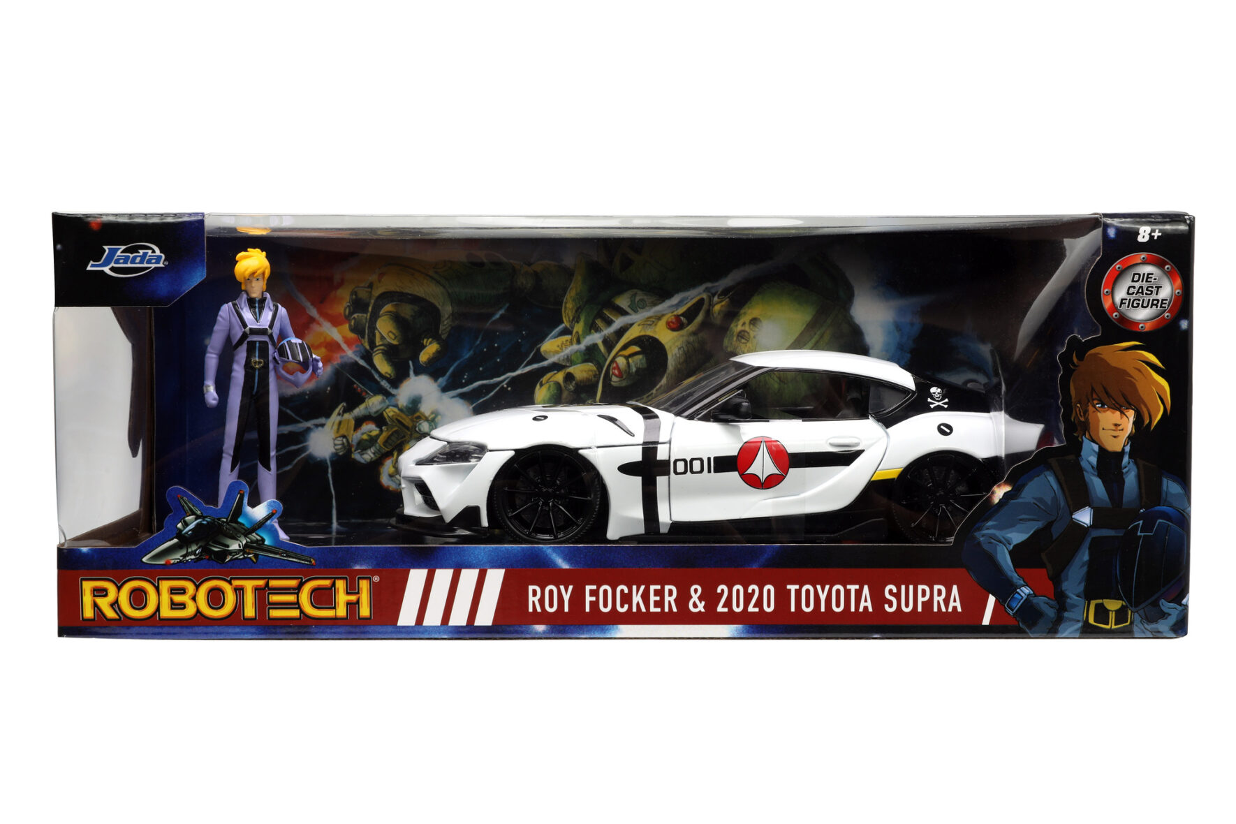 Jada Robotech Set Masinuta Metalica Si Figurina Roy Focker Si Toyota Supra Scara 1:24