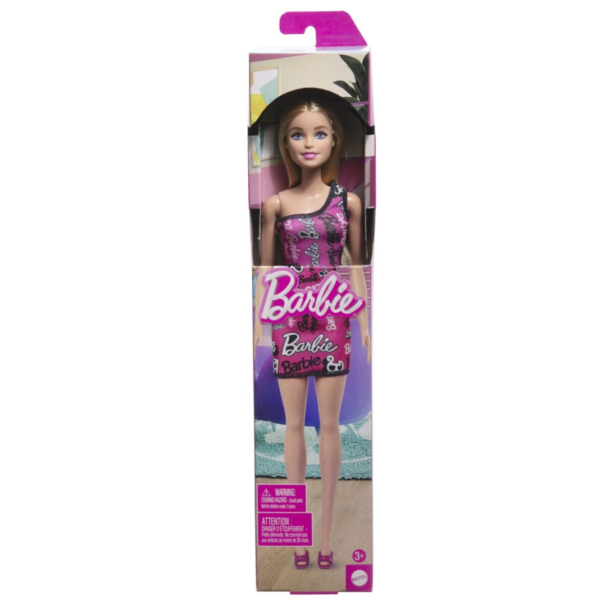 Barbie Papusa Clasica Blonda Cu Rochita Roz Cu Imprimeu Barbie