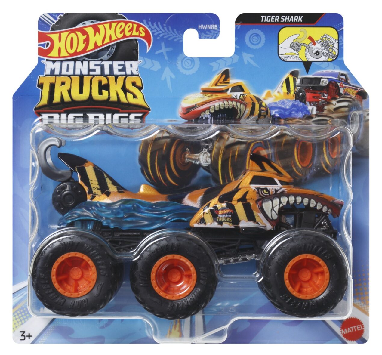 Hot Wheels Monster Truck Big Rigs Masinuta Metalica Cu 6 Roti Tiger Shark Scara 1:64